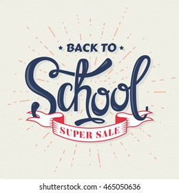 Back to school sale banner. Vector background with lettering and bursting rays.