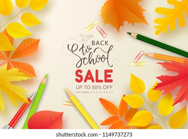 Back to school sale banner.Autumn leaves, pencils and pen on white background.Vector illustration for website , posters, ads, coupons, promotional material.