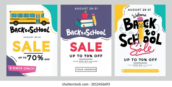 Back to school sale banners, card, poster set with school supplies. Yellow pencil, apple, school bus, paper plane on colorful backgrounds. School shopping vector illustration. Education concept