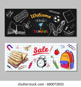 Back to school SALE banners, labels. Vector hand drawn illustration. Chalkboard lettering. Typography. Sketch style with hand drawn elements. School supplies