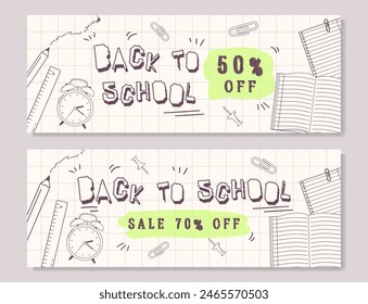 Back to school sale banners set. Monochrome line art hand drawn illustrations with school supplies in doodle style. Education concept. Vector flyers isolated on background