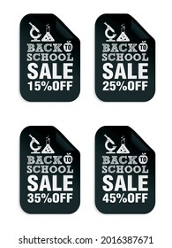 Back to school sale black stickers set 15%, 25%, 35%, 45% off with microscope. Vector illustration