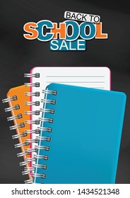 Back to school sale. Blackboard background flyer with ring notebooks. Realistic vector illustration.
