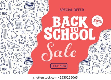 Back to School Sale card with hand drawn icons. Vector illustration