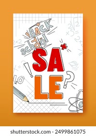 Back to school sale. Cartoon abstract poster layout. Flat style education concept. Cute hand drawn childish elements. Stationery store advertising template. Autumn discounts. Notebook pencil writing