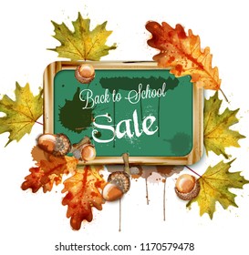 Back to school sale chalk board and autumn leaves watercolor Vector
