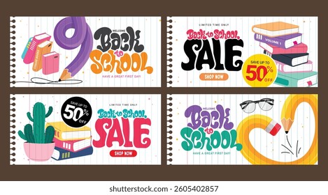 Back to school sale clipart banner set design. Welcome back to school greeting and sale text clip art collection in notebook paper space background with colorful educational drawing elements vector 