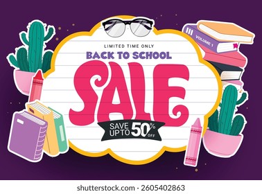 Back to school sale clipart banner design. School sale limited time 50% off discount with sticker educational textbooks and cactus drawing elements vector illustration.
