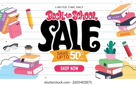 Back to school sale clipart banner design. Back to school sale text in paper space abstract background clip art for students and teachers special offer shopping  discount with drawing educational flat