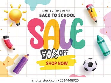 Back to school sale clipart banner design. School sale limited time special offer shop discount clip art in grid space colorful abstract background with educational elements vector illustration.
