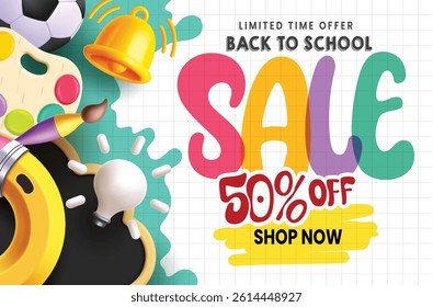 Back to school sale clipart banner design. School sale 50% off special offer discount clip art in grid space abstract background with educational elements shopping advertisement vector illustration.

