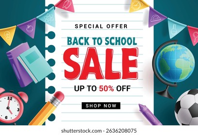 Back to school sale clipart banner. School promotion poster clip art with special offer 50% discount and educational items and elements in notebook paper vector illustration. 
