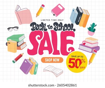 Back to school sale clipart design. School sale limited time special offer discount in grid background clip art with educational drawing elements promotion card template vector illustration.
