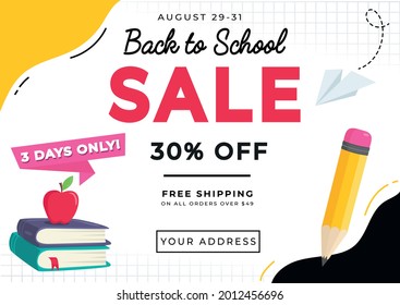 Back to school sale colorful concept with school supplies and abstract elements. Cartoon books, pencil, apple elements. Educational concept. Trendy flat style vector illustration for school background