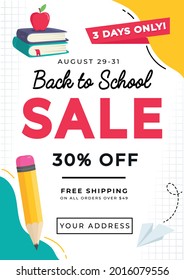 Back To School Sale Colorful Poster Design With Educational School Supplies And Sale Text. Cartoon Background For School Shopping, Promotion, Poster, Invitation Etc. Vector Illustration