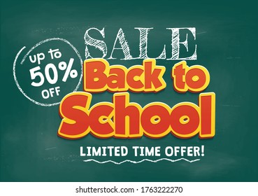 Back to school sale concept with chalkboard background. Sale Promo banner template vector illustration. Back to School Shopping Concept
