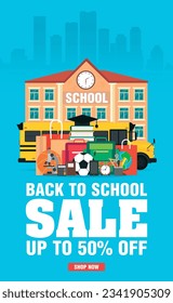 Back to school sale concept design flat style banner. Sale up to 50% off. Vector illustration