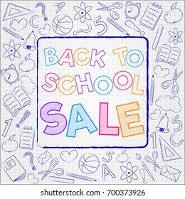 Back to School Sale - concept with sketch on checked paper. Vector.