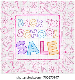 Back to School Sale - concept with sketch on checked paper. Vector.