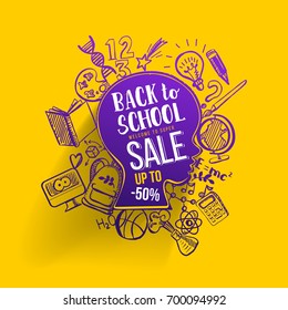 Back to school Sale concept with typography on sketch graphics. Vector illustartion. Kids face contour with doodle icons education supplies. Creative Idea of education for banners, posters
