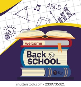 Back to School Sale concept. Welcome to school social media poster template with Stack of books on a blue background, school supplies and objects. Minimalist poster on educational theme.