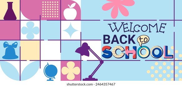 Back to School Sale concept. Welcome to school y2k poster template with school stuff vector illustrations placed in square blocks. Trendy poster on educational theme.