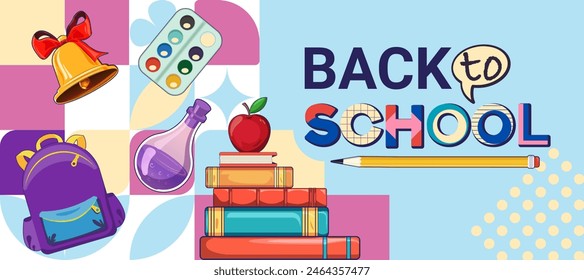 Back to School Sale concept. Welcome to school y2k poster template with school stuff vector illustrations placed in square blocks. Trendy poster on educational theme.