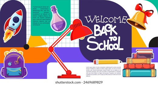 Back to School Sale concept. Welcome to school y2k poster template with school stuff vector illustrations placed in square blocks. Trendy poster on educational theme.