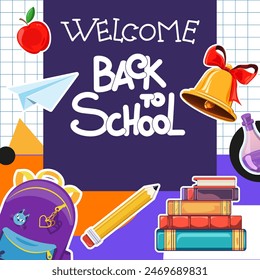 Back to School Sale concept. Welcome to school y2k poster template with school stuff vector illustrations placed in square blocks. Trendy poster on educational theme.