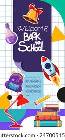 Back to School Sale concept. Welcome to school y2k poster template with school stuff vector illustrations placed in square blocks. Vertical poster on educational theme.