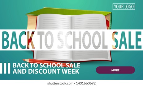 Back to school sale, creative pink discount web banner for your website with school textbooks and notebook