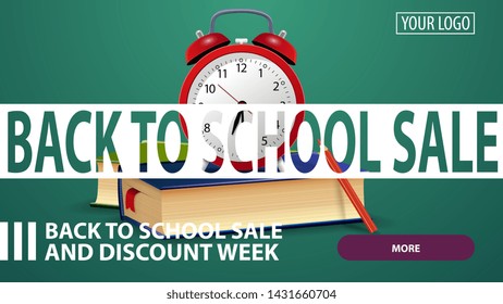Back to school sale, creative pink discount web banner for your website with school books and alarm clock