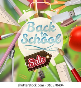 Back to School Sale Design with Clock on Green Background. EPS 10 vector file included
