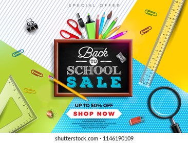 Back to school sale design with colorful pencil, brush and other school items on yellow background. Vector Illustration with Special Offer Typography Elements for Coupon, Voucher, Banner, Flyer