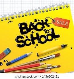 Back to School Sale. Design with colorful pencils and yellow notebook on checkered paper background, vector illustration