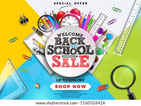 Back to school sale design with colorful pencil, brush and other school items on abstract background. Vector Illustration with Special Offer Typography Elements for Coupon, Voucher, Banner, Flyer
