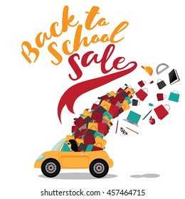 Back To School Sale Design. Mom Driving A Convertible Overloaded With Shopping Bags And Supplies. EPS 10 Vector.