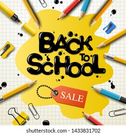 Back to school Sale design with pencils and typography lettering. Vector School illustration for poster, web, cover, ad, greeting, card, social media, promotion.