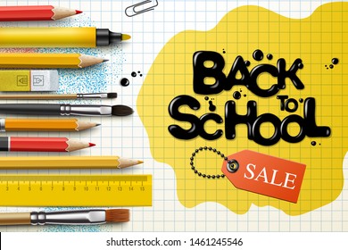 Back to school Sale design with pencils and typography lettering. Vector School illustration for poster, web, cover, ad, greeting, card, social media, promotion