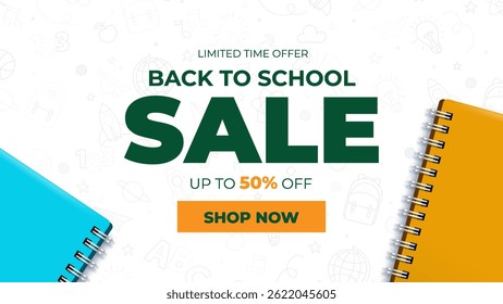 Back to school Sale design. Back to school text with books, green chalkboard background for educational study learning messages. Vector illustration