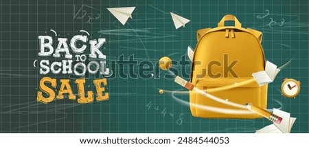 Back to school Sale design. Back to school text with yellow backpack bag, green chalkboard background for educational study learning messages. Vector illustration