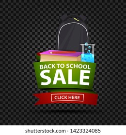 Back to school sale, discount banner isolated on a dark background in the shape of a ribbon with school backpack, a book and a chemical flask