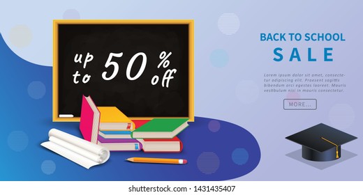 Back to school sale discount banner with up to 50 percent off on chalkboard with pile of books, pencil and graduation cap. Design template for online shopping promotion, marketing or ads