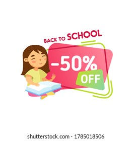 Back to School Sale Discount Banner, Promo Poster in Funky Style with Cute Cartoon Girl Student Reading Book. Happy Pupil Sitting at Speech Bubble with Off Typography Promotional Offer for Autumn Fair