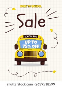 Back to school sale, discount card or flyer with school bus, paper planes and dashed flight paths on squared paper. Template for education ads and school promotions. Vector illustration