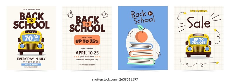 Back to school sale, discount cards, posters or flyers with school bus, books, apple and more. Template for education ads and school promotions. Vector illustration set