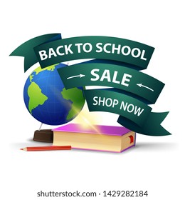 Back to school sale, discount clickable web banner in the form of ribbons with globe and school textbooks