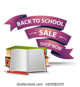 Back to school sale, discount clickable web banner in the form of ribbons with school textbooks and notebook