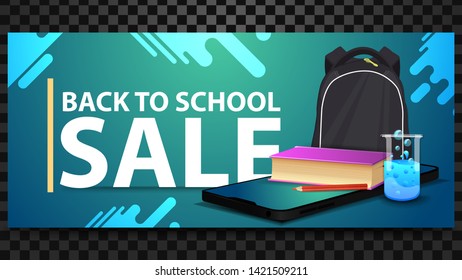 Back to school sale, discount horizontal banner with a smartphone, school backpack, a book and a chemical flask