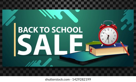 Back to school sale, discount horizontal banner with a smartphone, school books and alarm clock